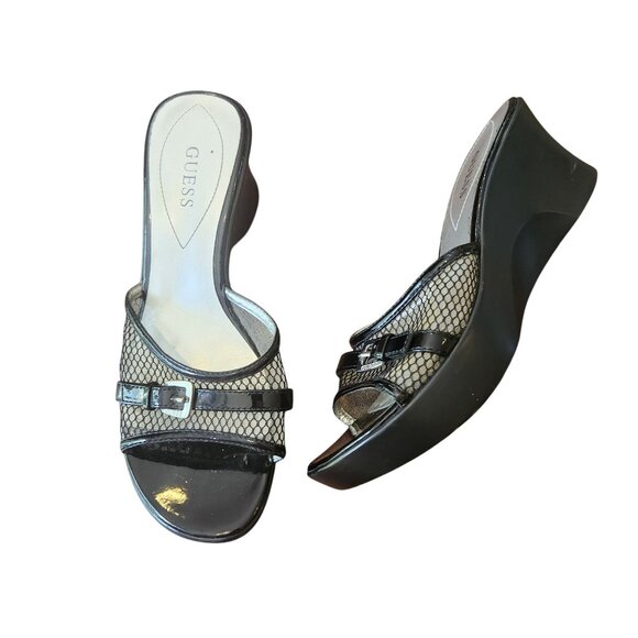 Guess Black Mesh Wedge Sandals With Buckle Detail Womens Size 8M - Picture 1 of 9